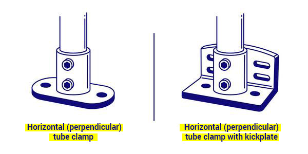 Horizontal perpendicular tube clamp with and without kick plate