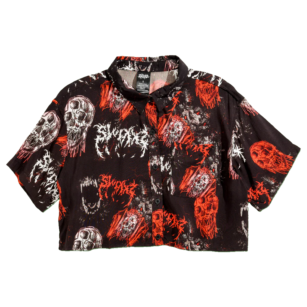 Monster Pattern Black Crop Button Up Shirt