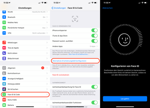 Alternative Face-ID einfügen IOS 12 iPhone entsperren