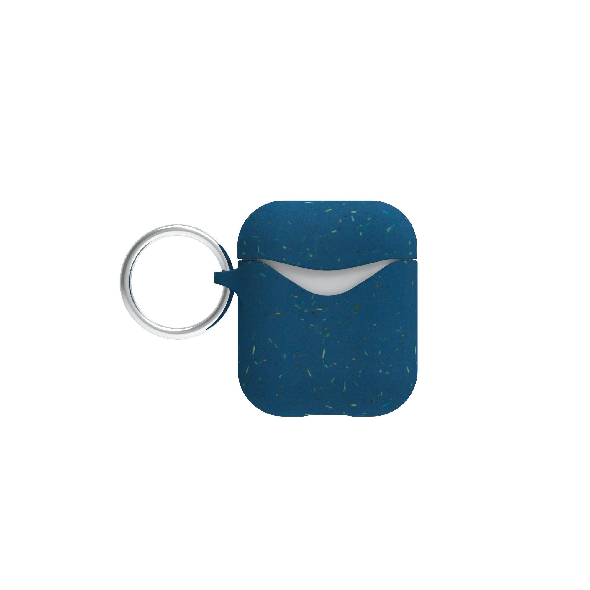 Blue AirTag case with keyring on a white background.