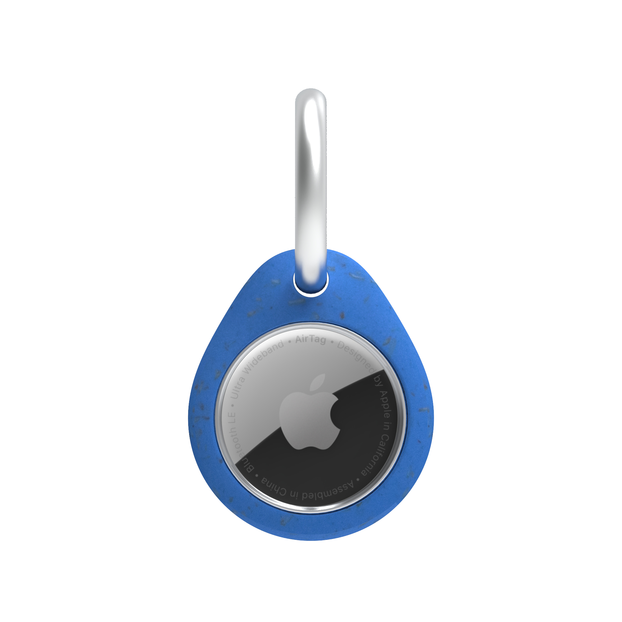 Blue Apple AirTag with a silver back and white loop against a white background.