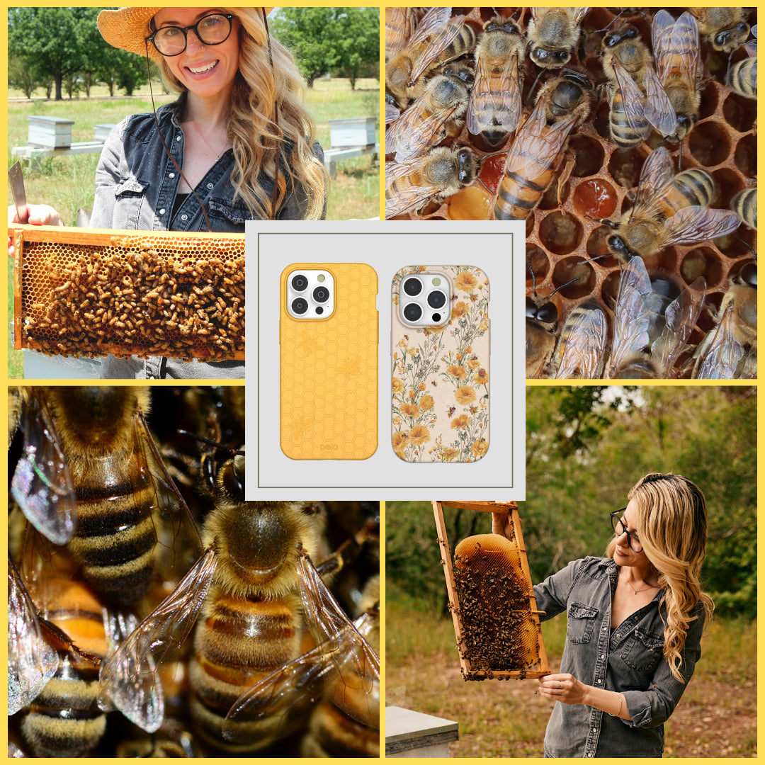 Collage of bees, honeycombs, bee-themed phone cases, and a smiling woman with a beehive.