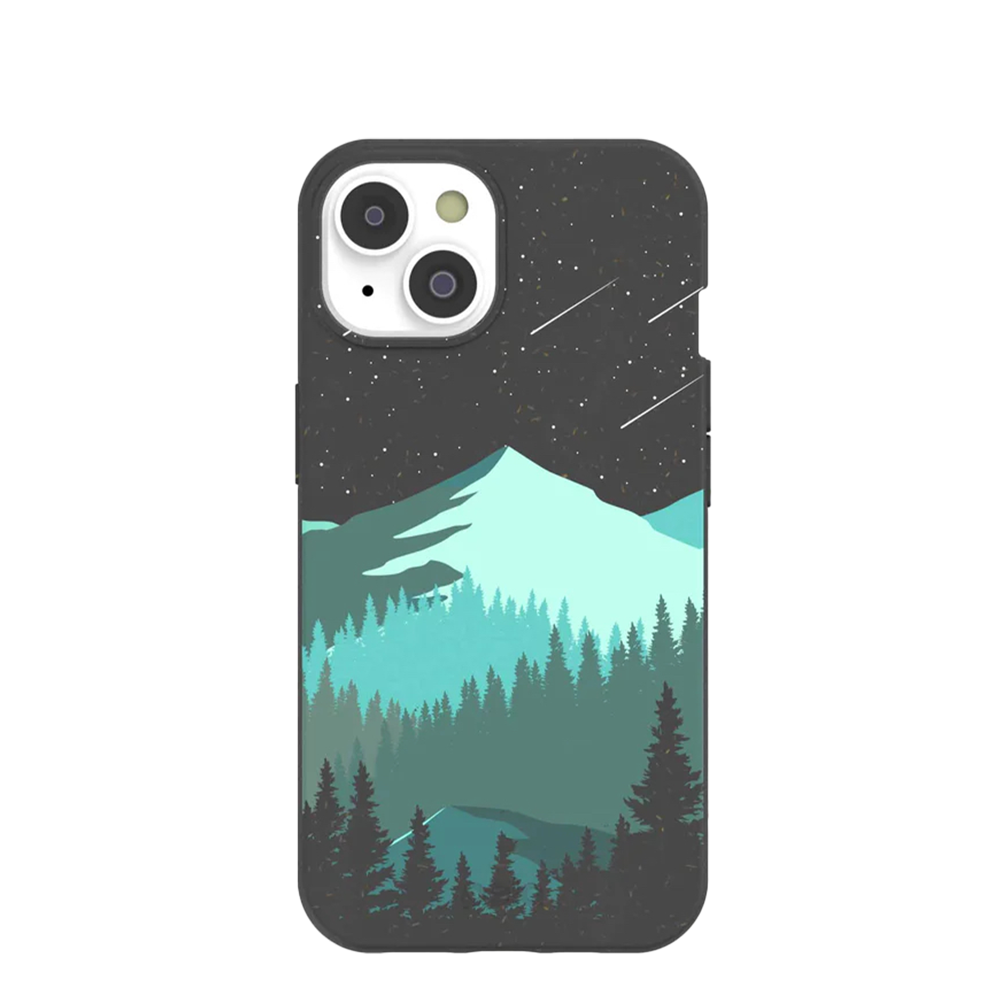 Phone case with a mountain and forest design under a starry sky.