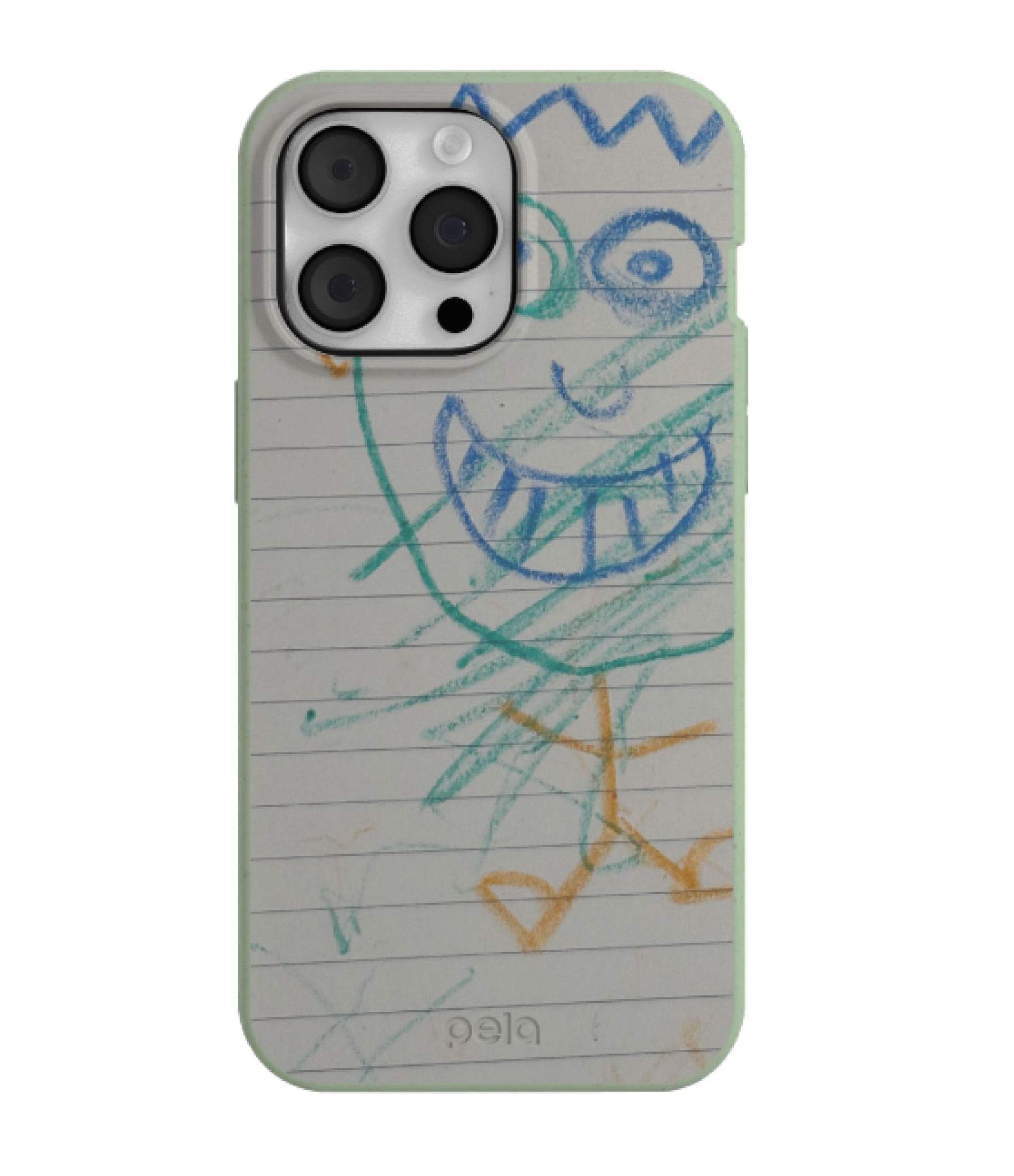 Child's crayon drawing on lined paper covering the back of a smartphone.