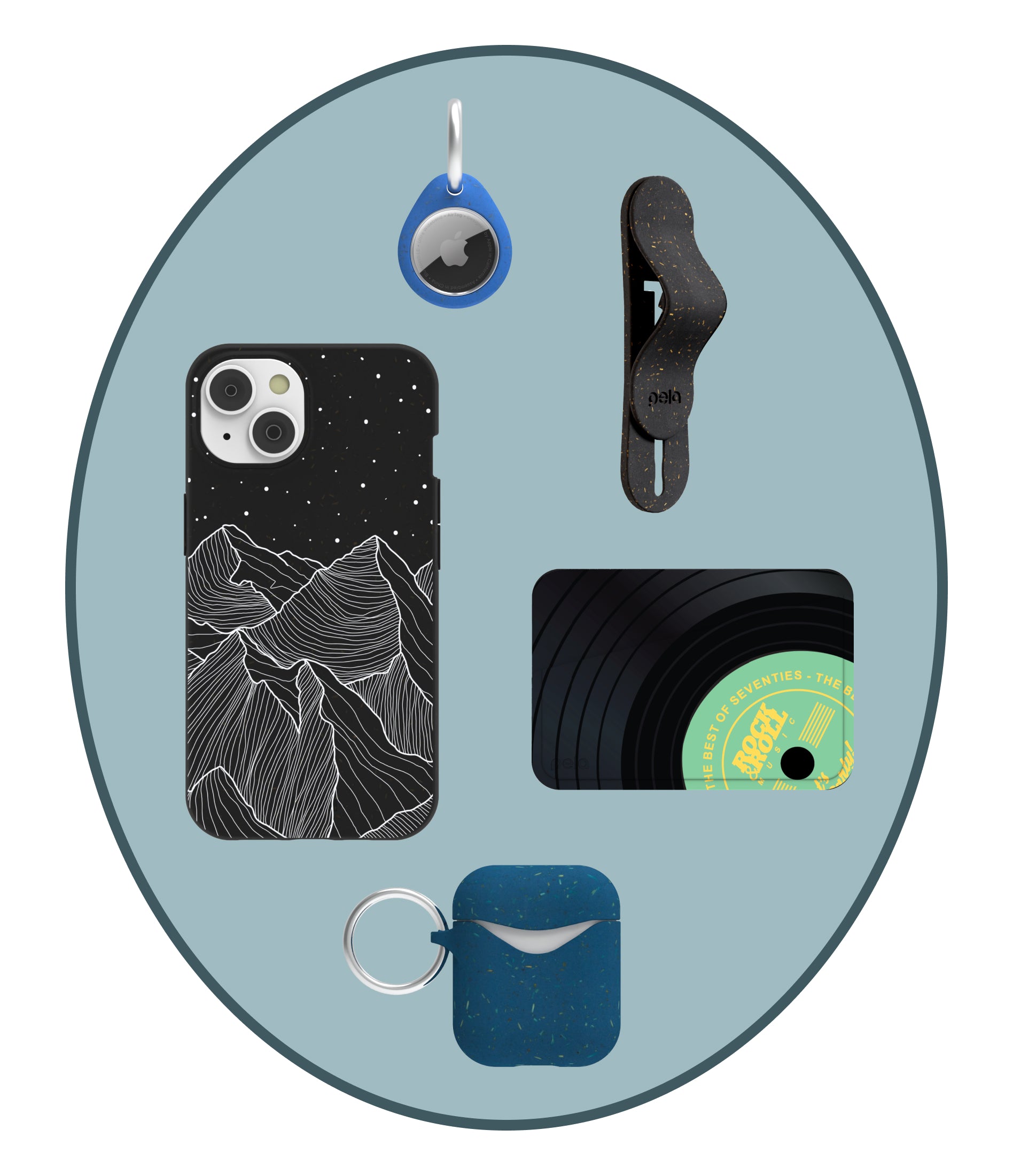 Alt-text: Various black accessories with mountain design displayed, including a phone case, AirTag, wallet, earphones case, and a clip.