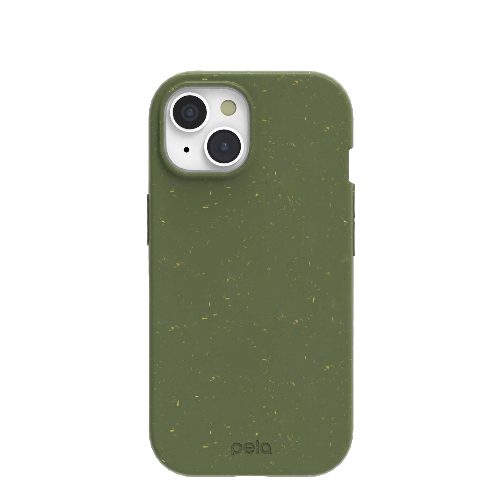 Green eco-friendly phone case for a smartphone with dual camera cutouts.