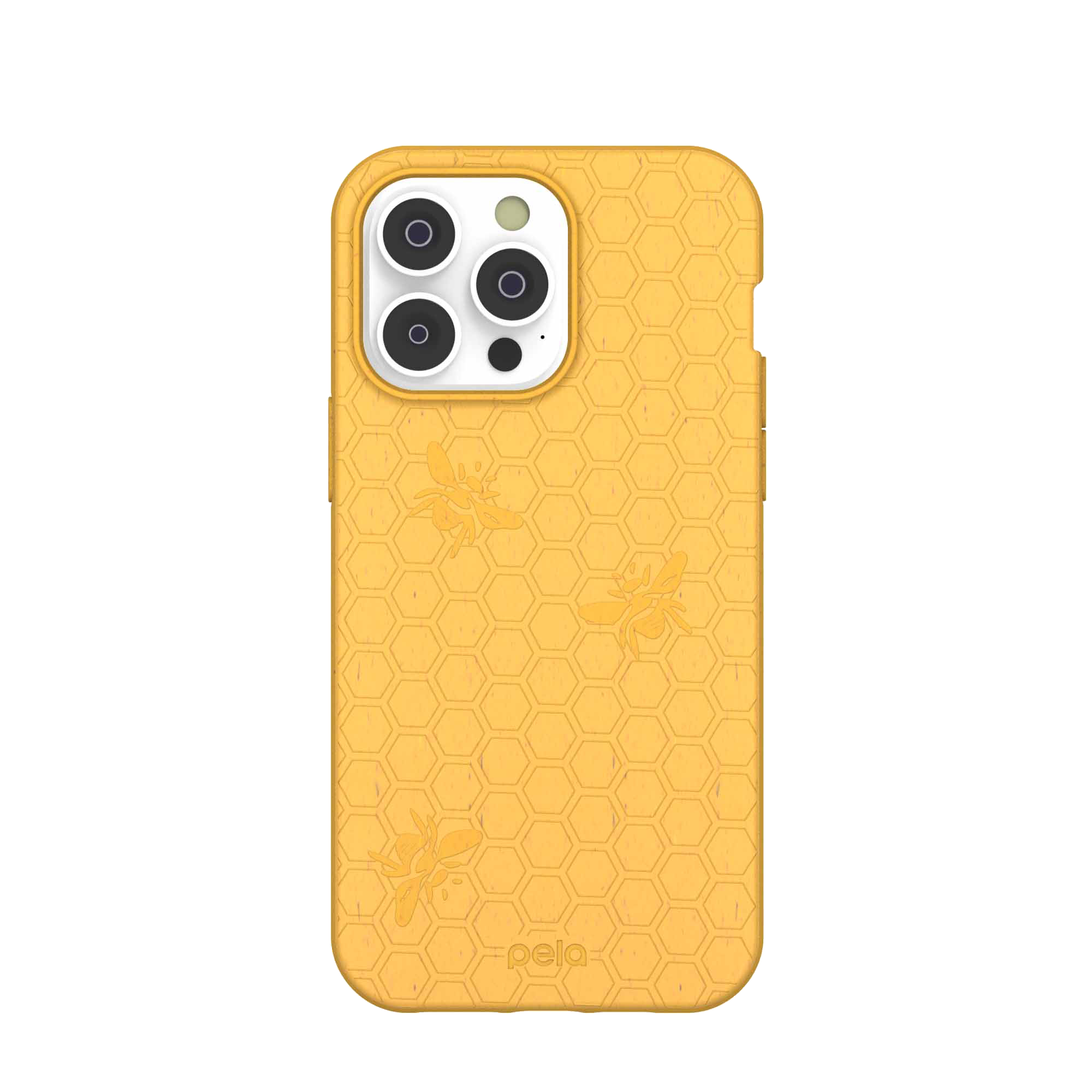 Yellow honeycomb-patterned smartphone case with bee designs.