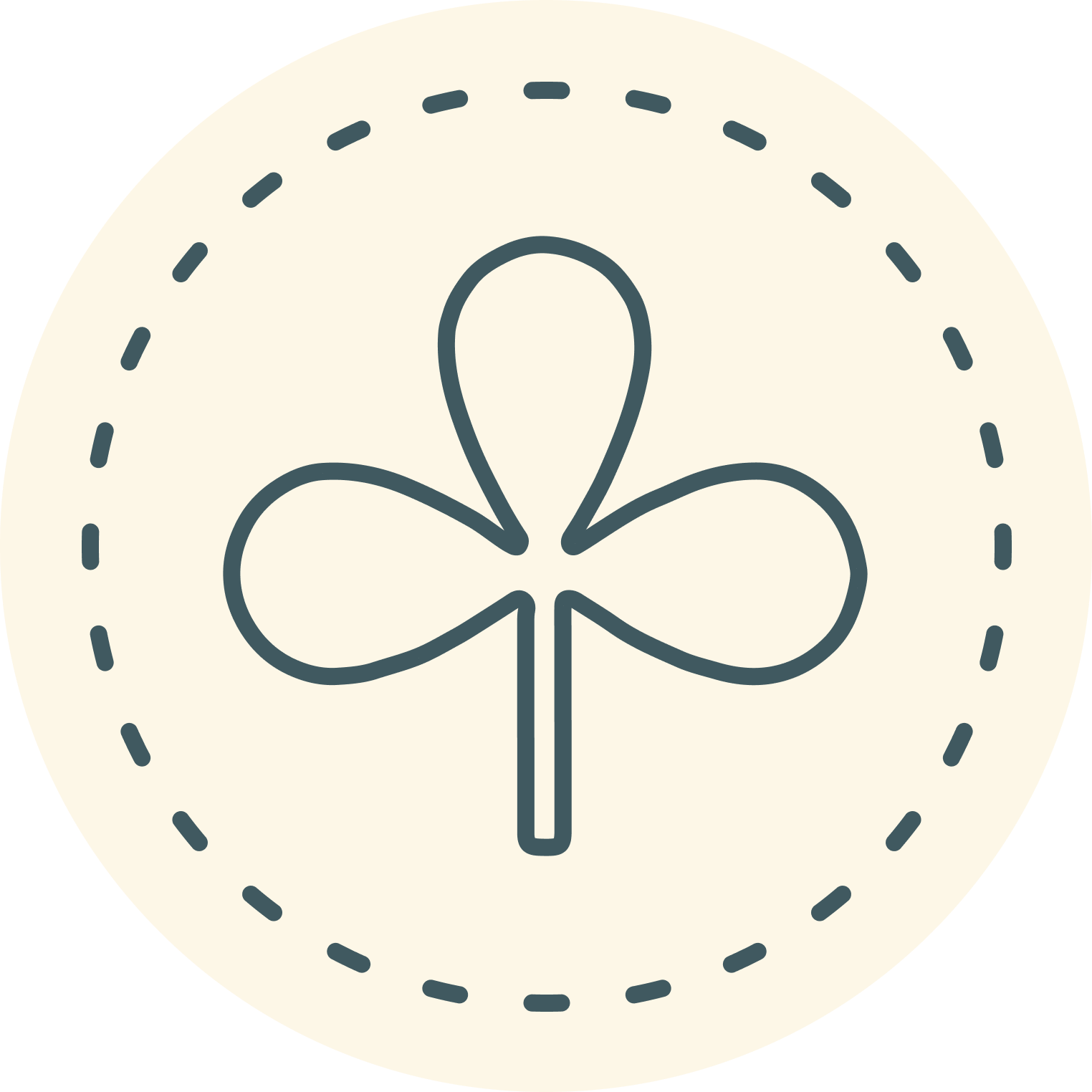Stylized clover icon with dotted circle on beige background.