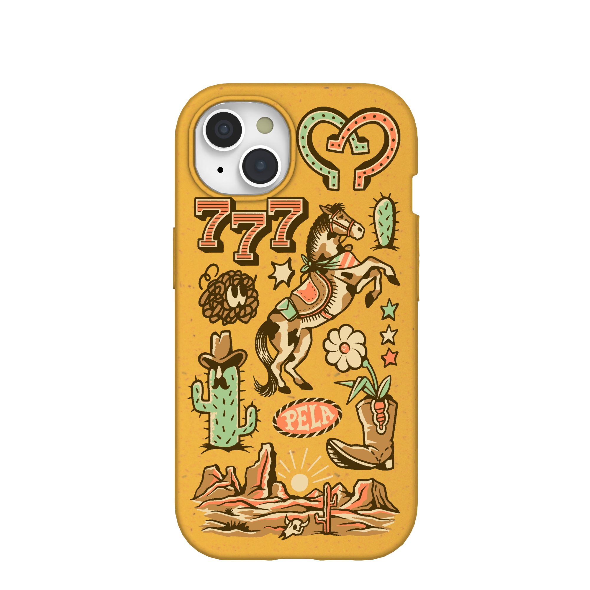 Smartphone case with colorful Western-themed illustrations including a horse, cacti, and luck symbols.