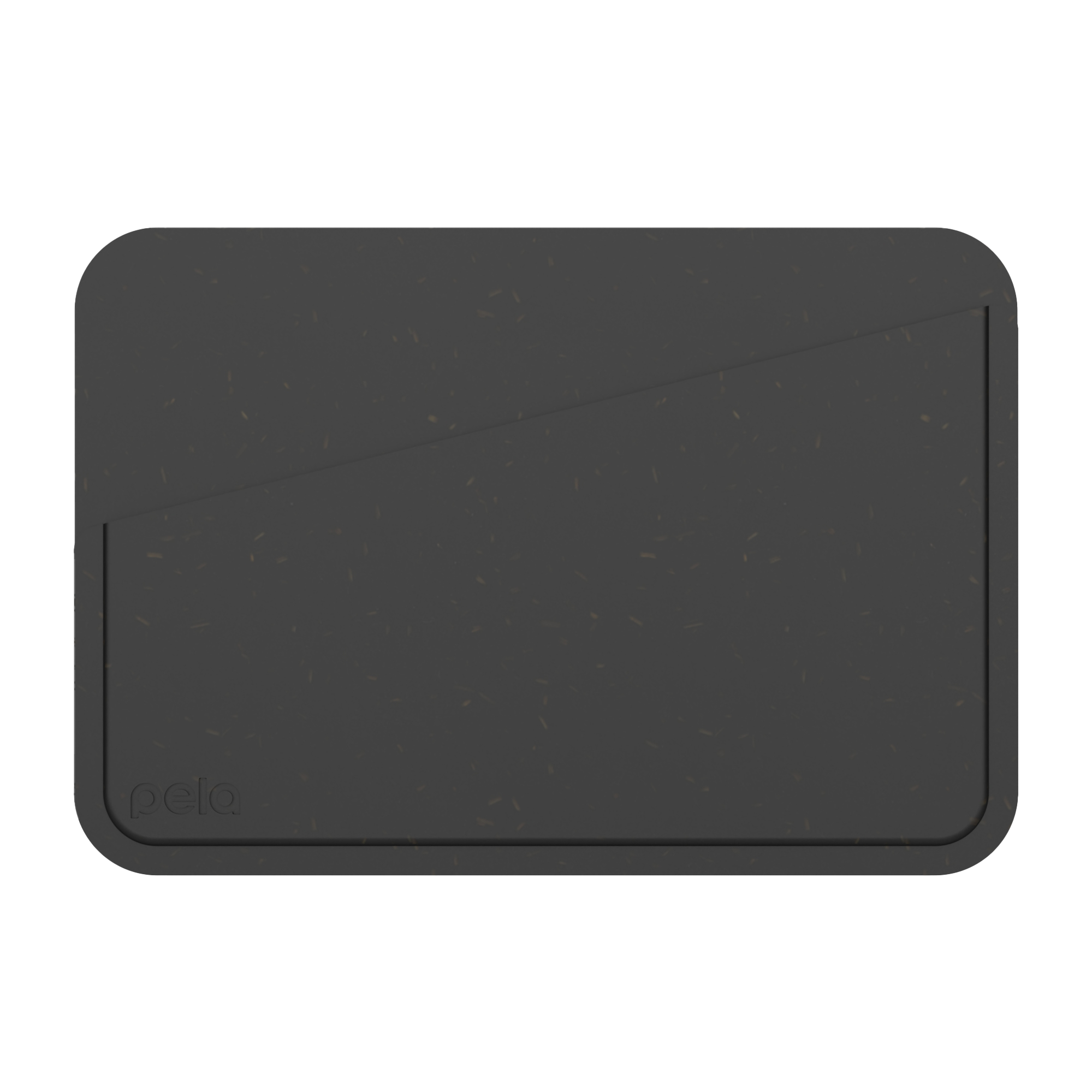 A black rectangle with a corner flap and subtle textures, labeled 'Pela'.