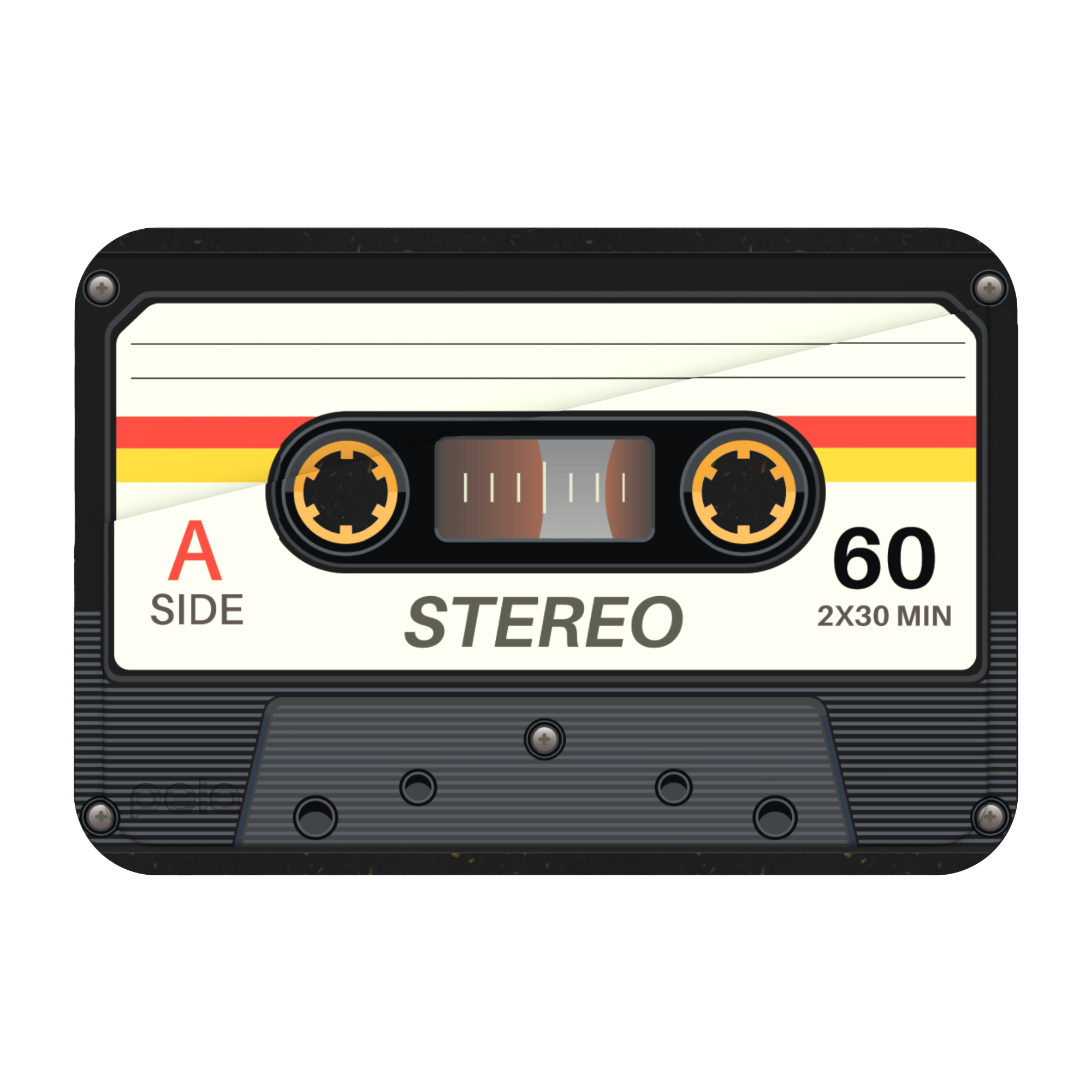 Illustration of a classic cassette tape with 'STEREO' text and 'A SIDE' label.