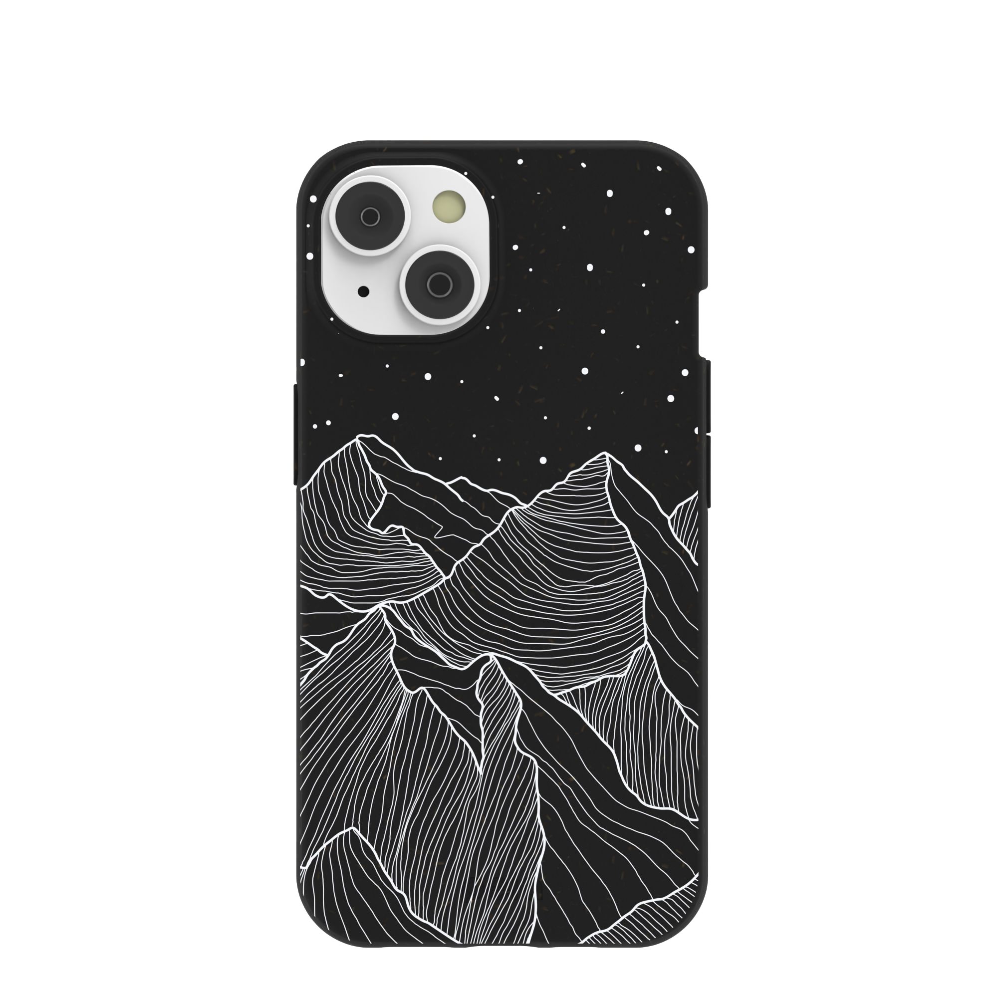 Phone case with a black and white mountain design and starry night sky.