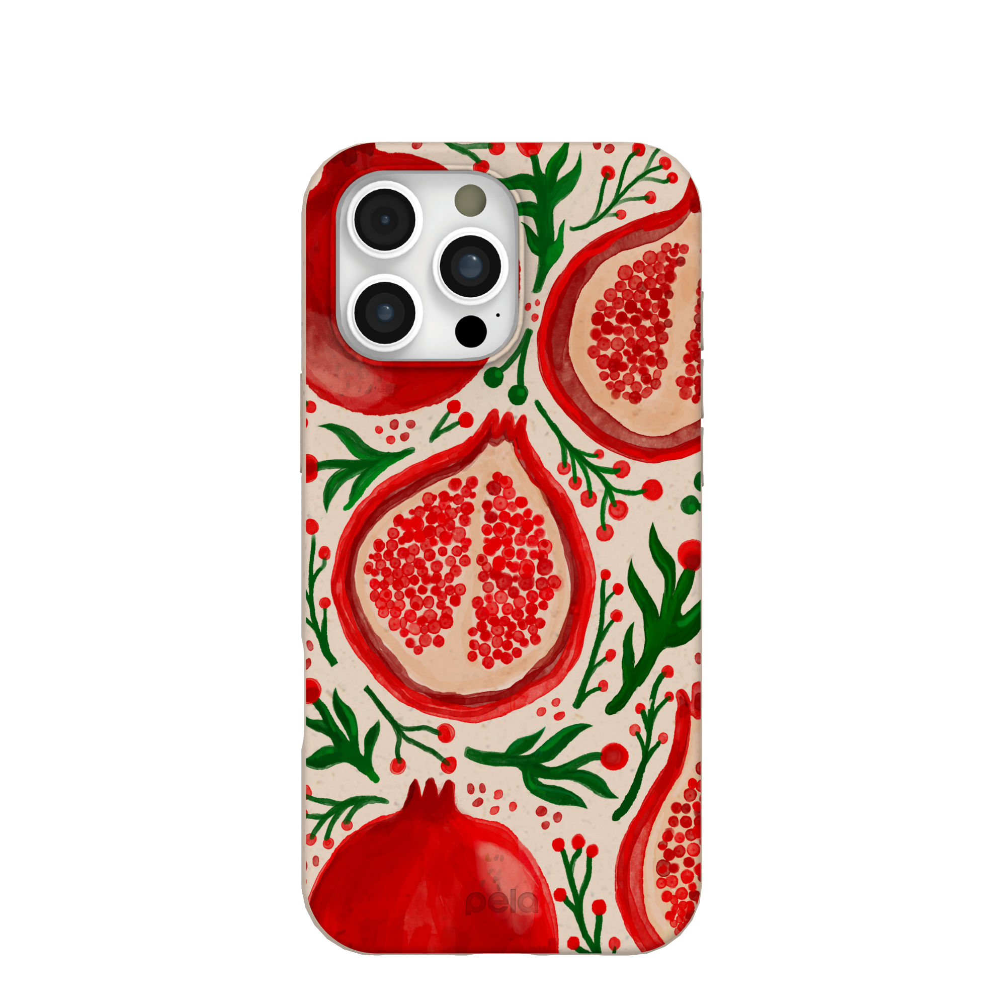 iPhone case with a colorful pomegranate and leaf pattern design.
