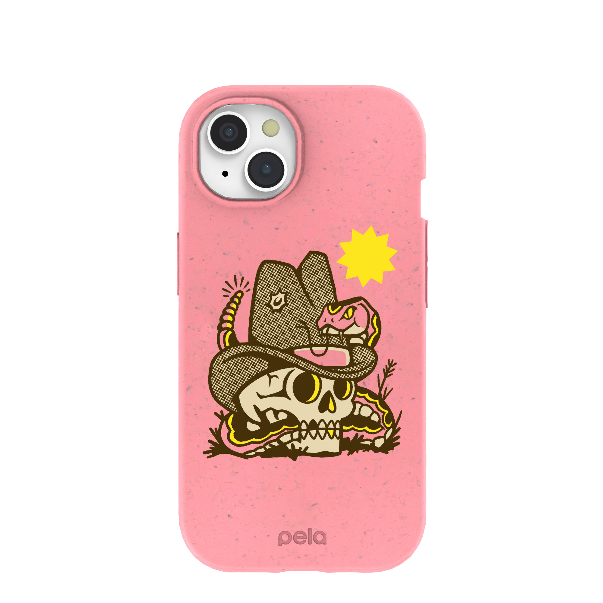 Pink phone case featuring an illustration of a snake and a skull.