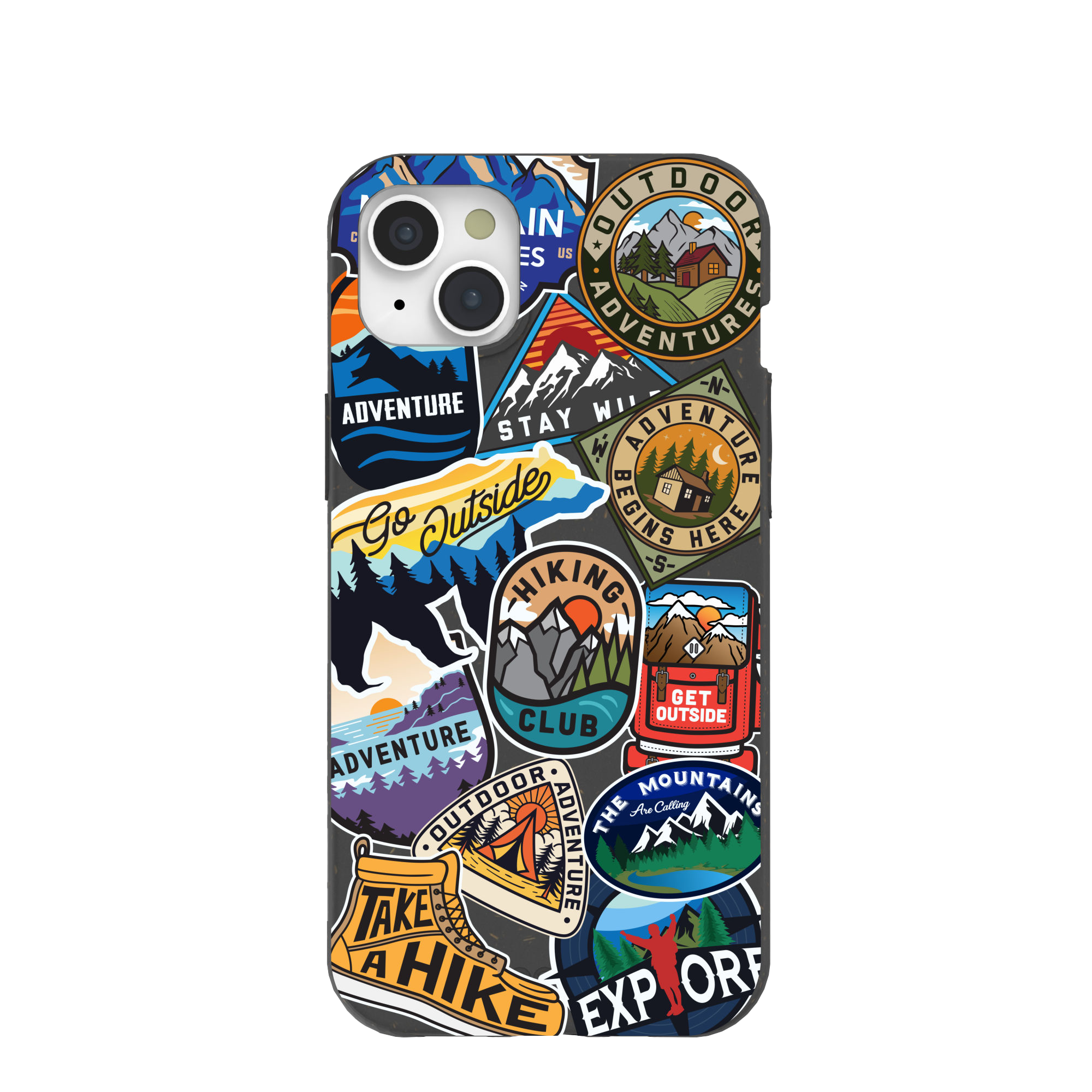 Smartphone case covered in colorful outdoor adventure-themed stickers.