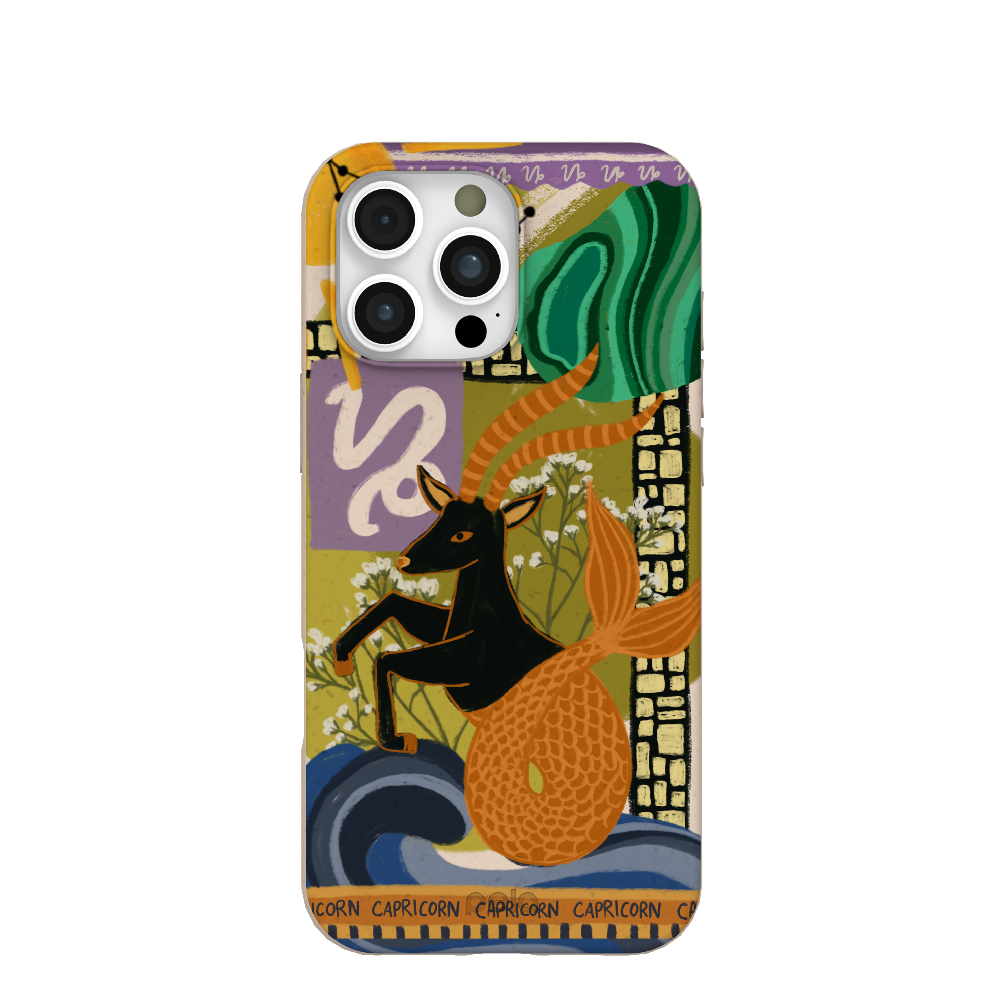 Phone case with Capricorn-themed illustration featuring a goat and vibrant patterns.