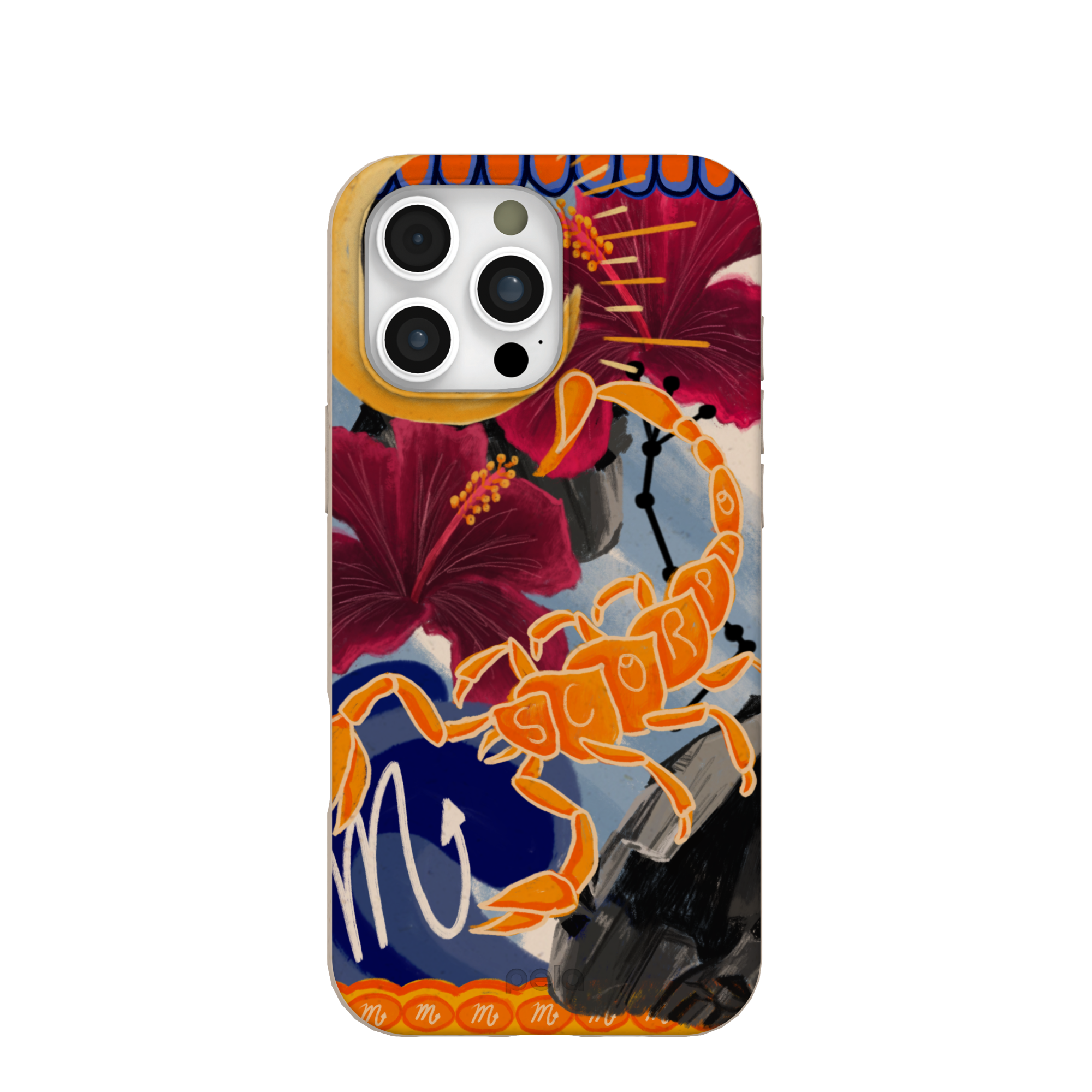 Colorful phone case with a scorpion and hibiscus flowers design.