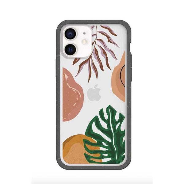 A clear phone case with large leaves printed on it