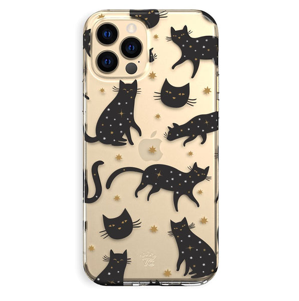 clear iphone case with black cats and silver and gold stars