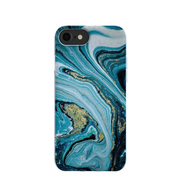 A blue marble phone case with gold swirls on a white background