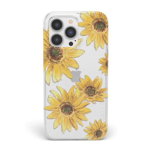 Product shot of the brigh yellow sunflowers clear phone case