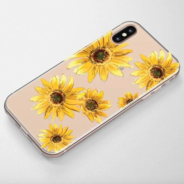 A clear phone case with sunflowers on it