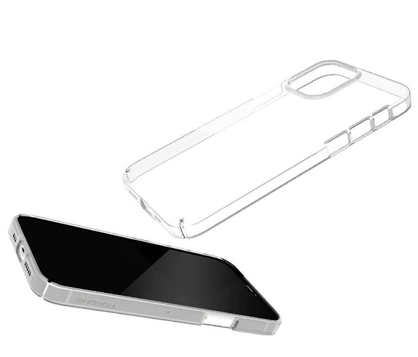 An iPhone and a clear phone case on a white background