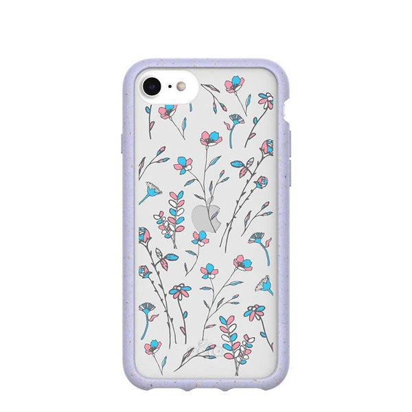 A clear phone case with pink, blue and white flowers on it