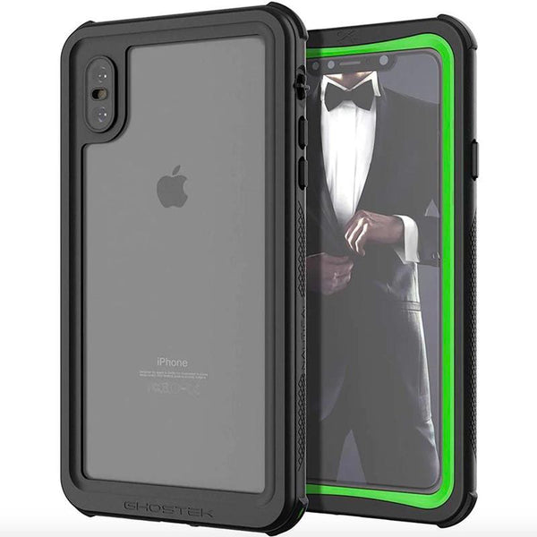 A gray and green phone case next to an iphone with a man in a tuxedo as the lockscreen