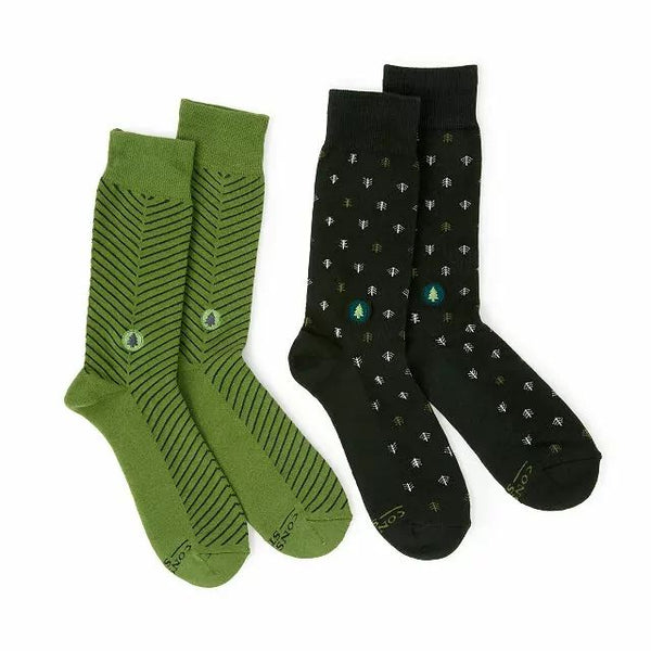 Two pairs of black and green eco socks with trees on them
