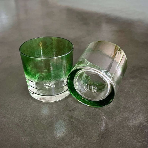 Two handmade soda lime glass whiskey glasses