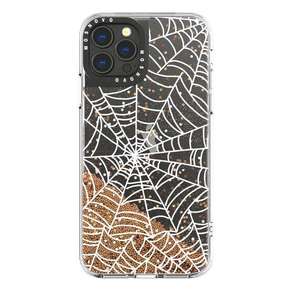 clear phone case with a white spider web and gold glitter