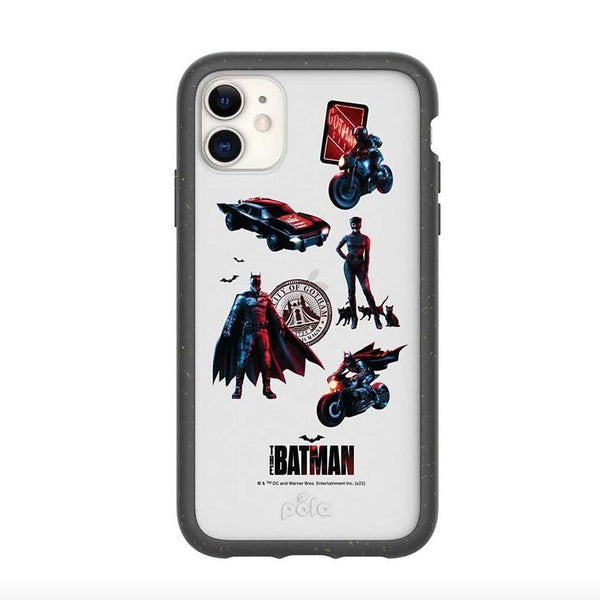 A clear phone case with Batman and other Gotham images printed on it