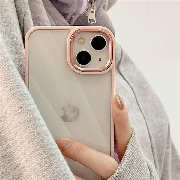 Hand holding pink metallic clear iphone cover