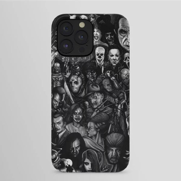black iphone case with horror movie characters on it
