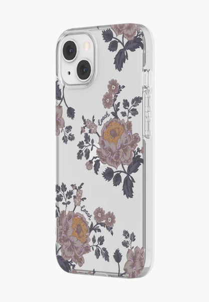 A clear phone case with a dark purple floral pattern