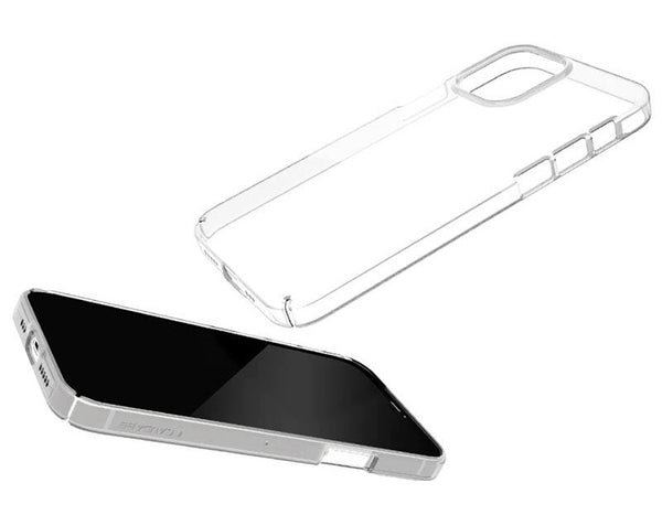 A black phone in a clear case next to a clear case with no phone