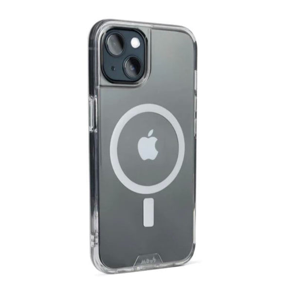 A dark gray iPhone with a clear case on a white background