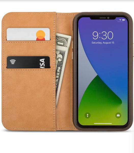A flip-open wallet phone case in light brown leather