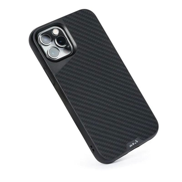 A phone in a black case with a subtle checked pattern