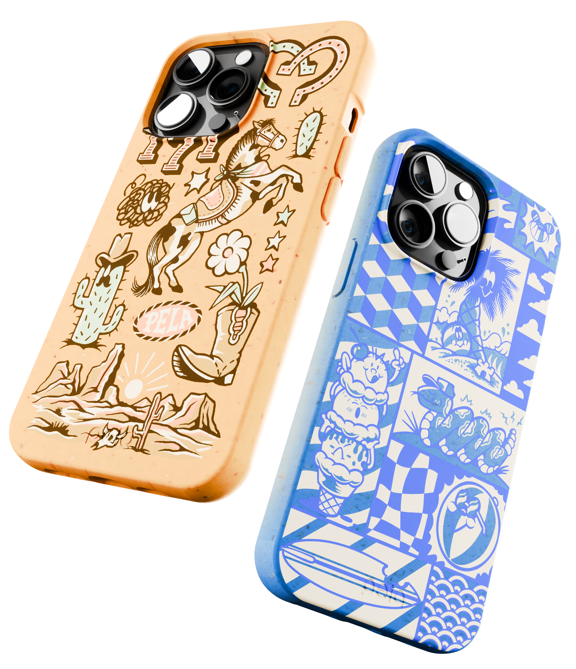 Two decorative smartphone cases with artistic designs, one with cowboy motifs, the other with various blue patterns.