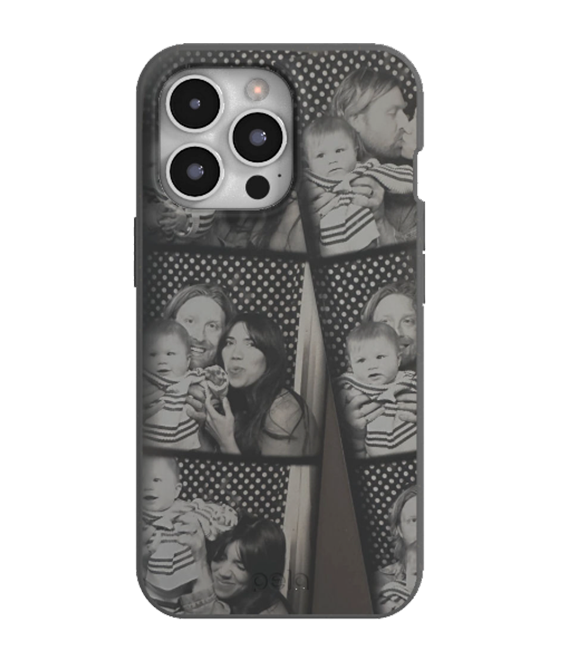 Custom phone case with a series of black and white photobooth images of a family.