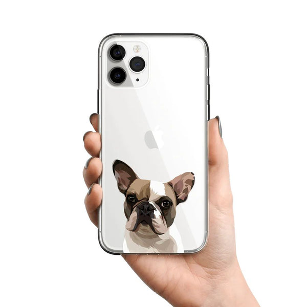hand holding an iphone with a phone case with a drawing of a dog on it