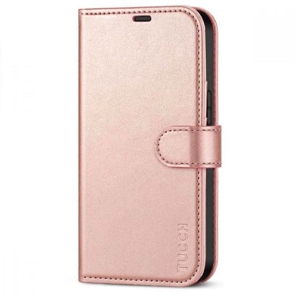 A rose gold wallet phone case on a white background
