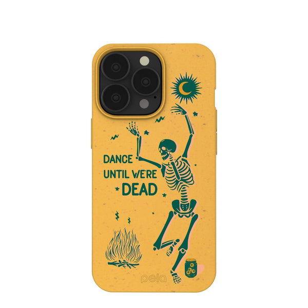 yellow phone case with a skeleton dancing around a fire