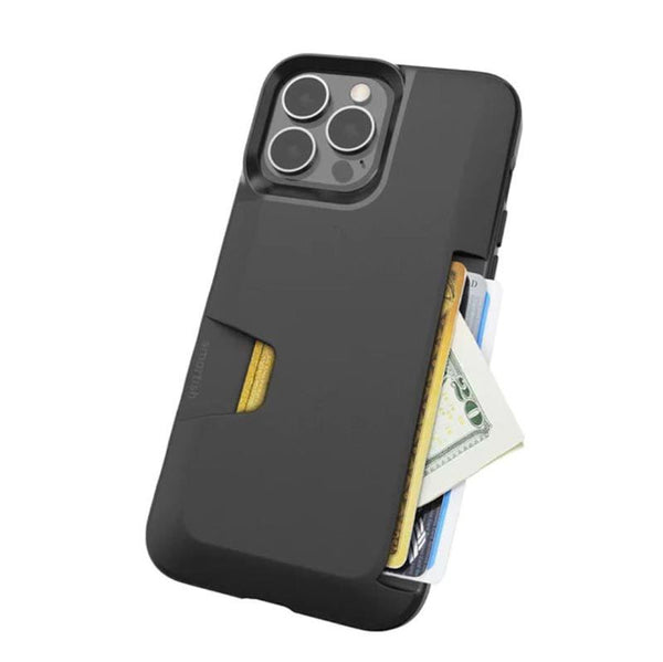 A black plastic phone case with a card holder