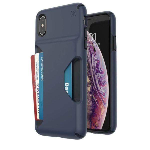 A dark blue and black wallet phone case on a white background