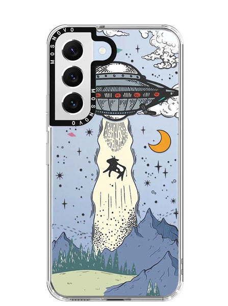 A phone case with a drawing of a UFO on it