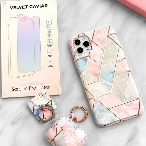 Geometric rainbow shapes on iPhone accessories