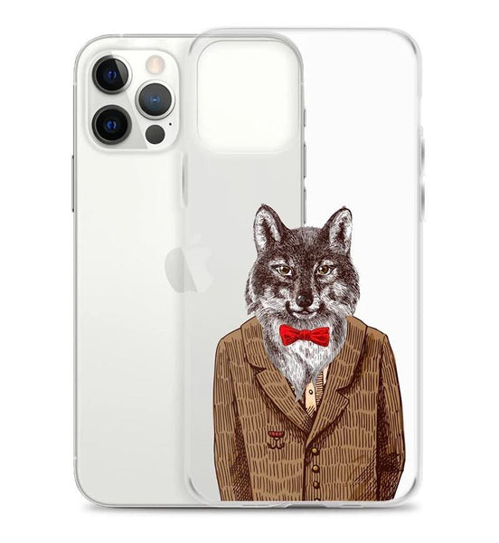 A white iPhone next to a clear case with a wolf in a suit jacket printed on it